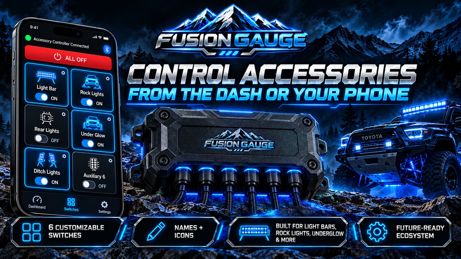 Fusion Gauge six-switch accessory controller and phone app