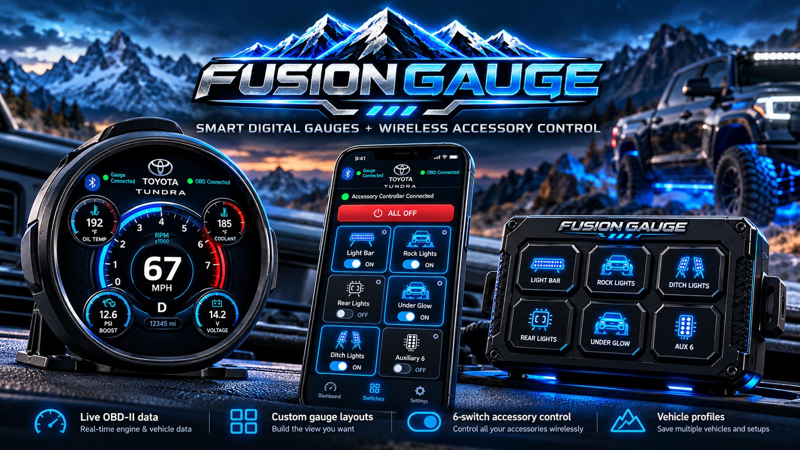 Fusion Gauge round dash gauge, phone app and six-switch accessory controller